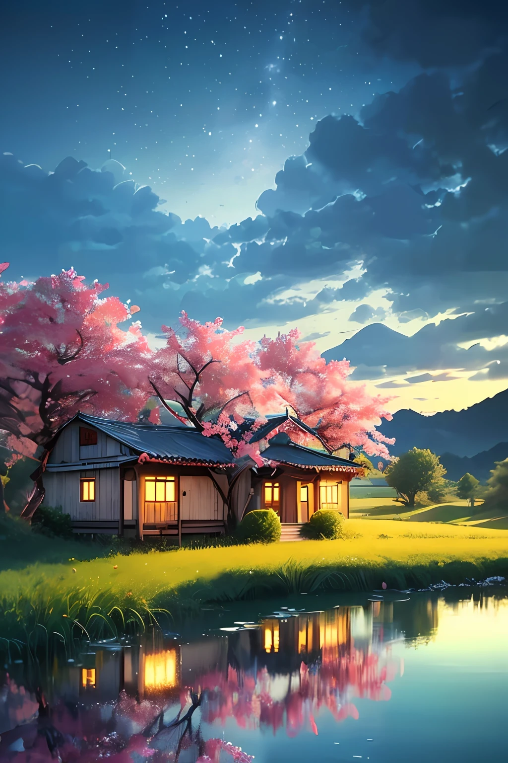 there is a small house on a small island in the middle of a lake, beautifully lit landscape, peaceful landscape, serene landscape, beautiful serene landscape, amazing landscape, in a serene landscape, an amazing landscape image, dreamy landscape, beautiful lake, beautiful landscape, stunning landscape, setting in nature, beautiful lake background, perfect landscape, stunning light reflections, beautiful dreamy landscape