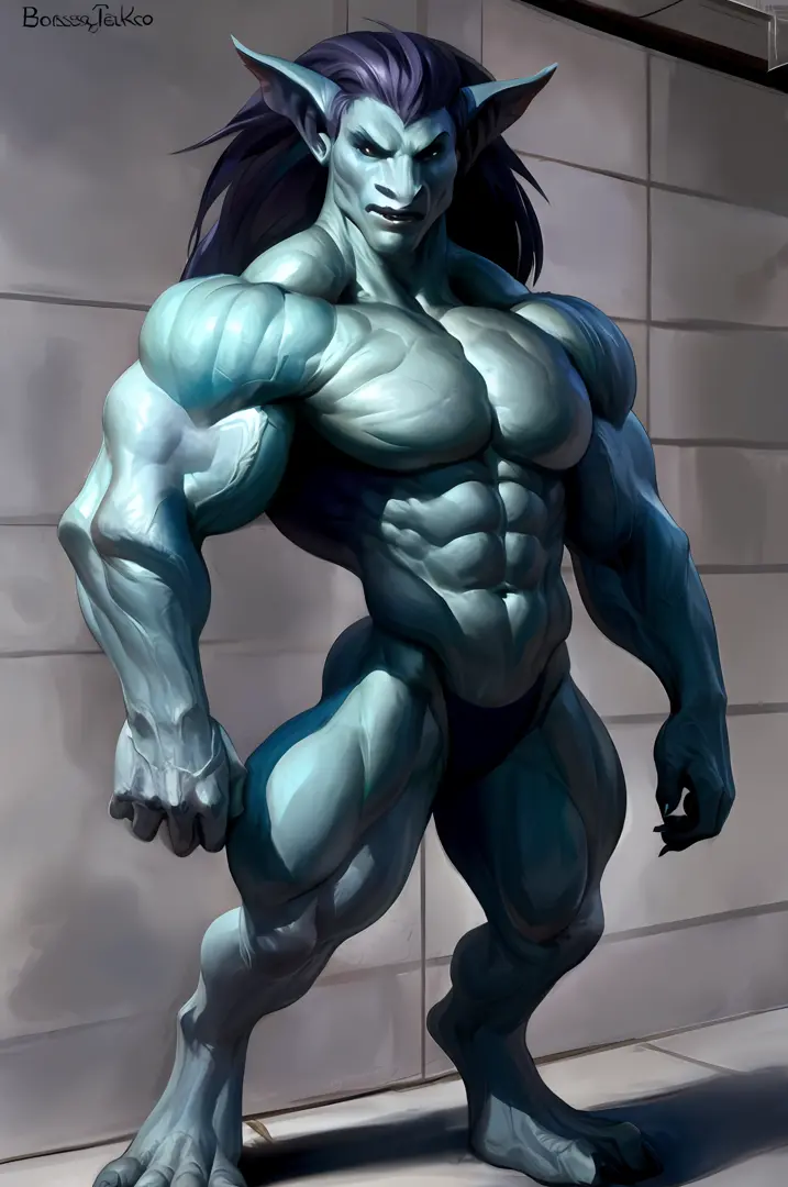 , by Bonifasko, anthro, solo, mighty, strong, powerful,  enormous muscles, muscular body, troll, mesomorph, waist is very slim, shoulders is very wide, chest is very large, torso is very tall, small head, wall of incredible abs, mane, detailed background, ...