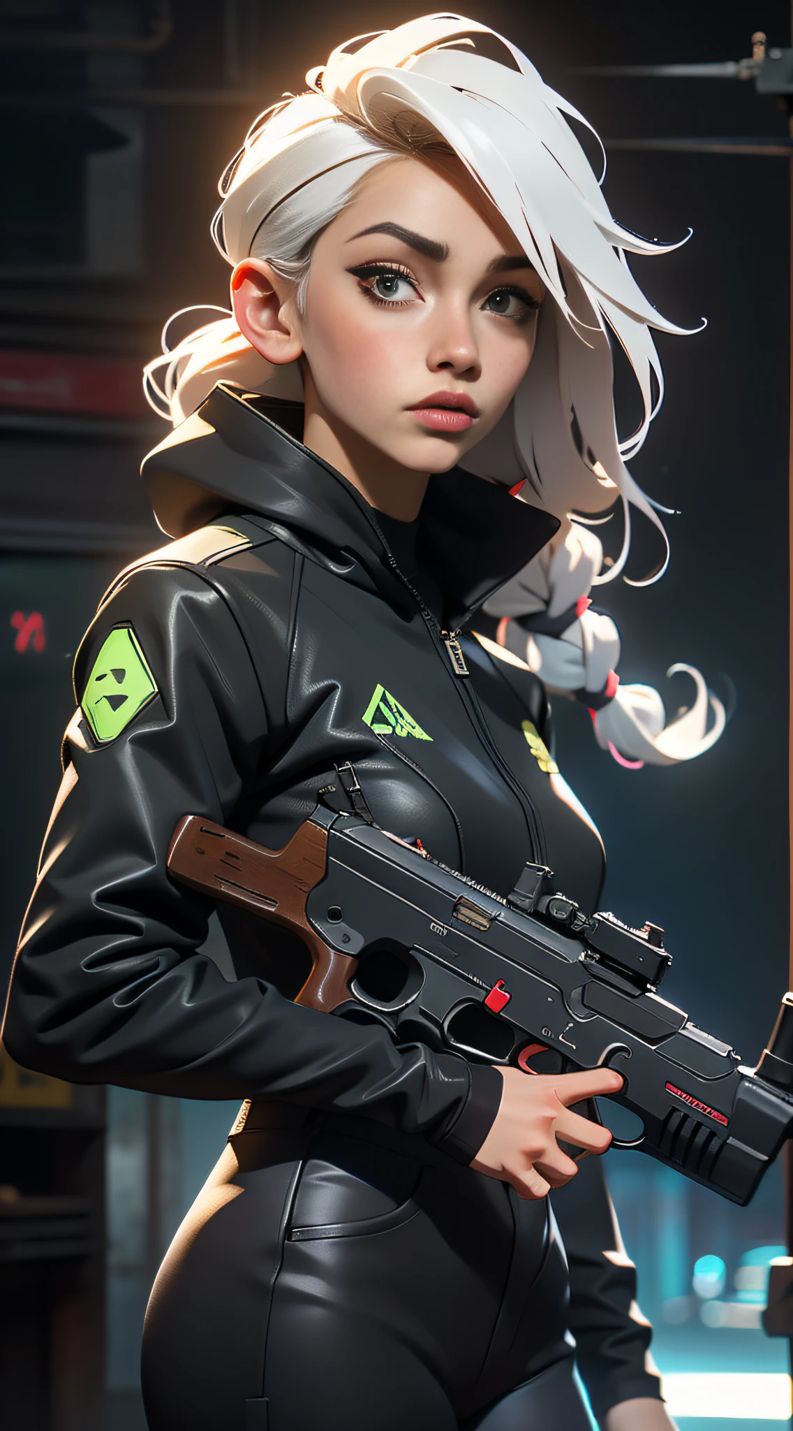 A female character with a gun in her hand is a European and American dark-skinned woman Delicate and good-looking facial features ((white hair, hairstyle is dirty braid)) Costume design to look modern Luminous paint, super sharp, granular, flare, neon Tokyo street background ((The character is a full-body portrait))