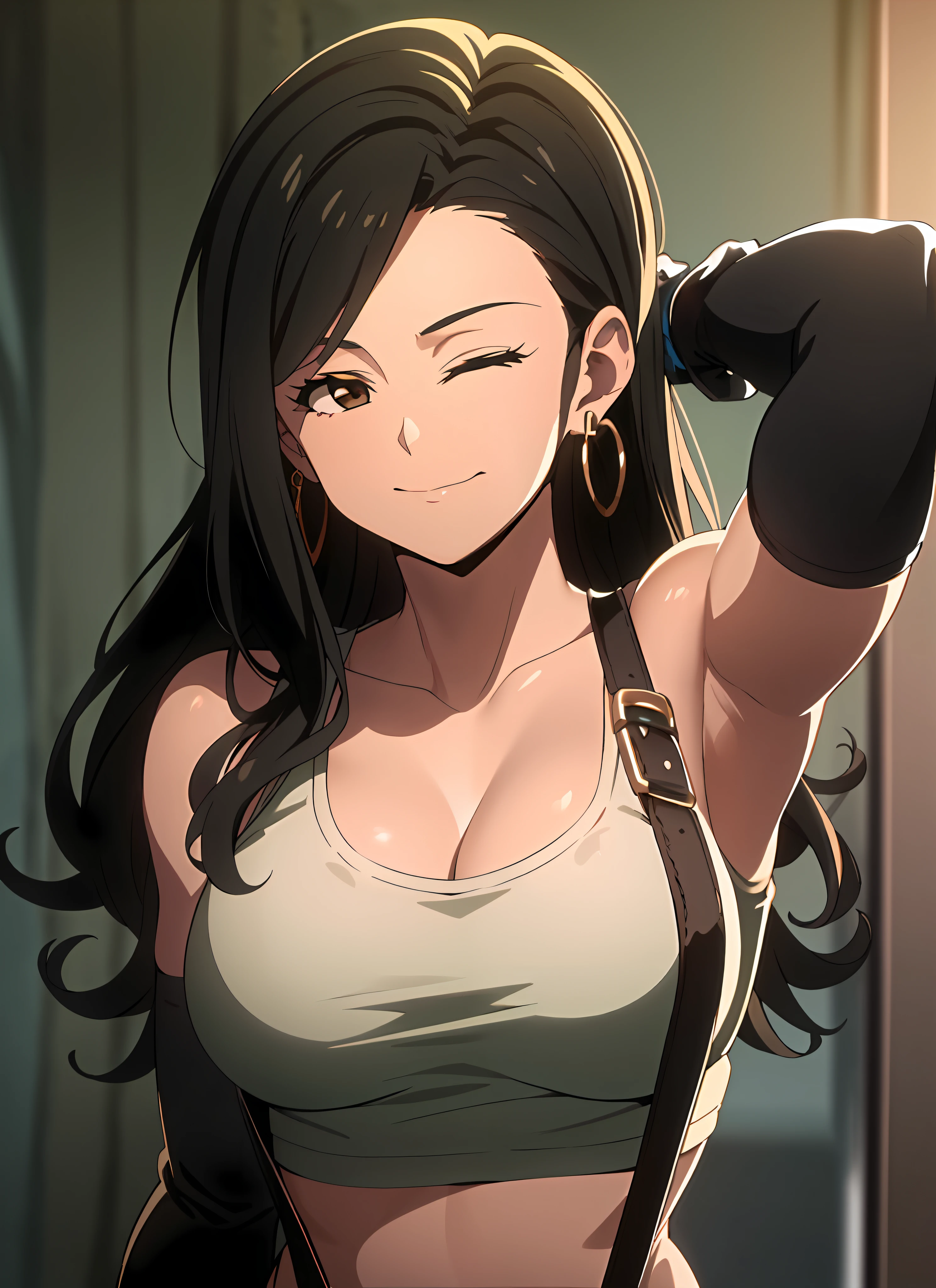 promisedNeverland tifa lockhart, 1girl, thick lips, arm up, armpits, artist name, belt, black hair, breasts, brown eyes, cleavage, closed mouth, collarbone, cowboy shot, crop top, earrings, elbow gloves, elbow pads, gloves, jewelry, large breasts, lips, long hair, low-tied long hair, midriff, navel, one eye closed, outdoors, skirt, smile, solo, stomach, suspenders, tank top, upper body, ((masterpiece))