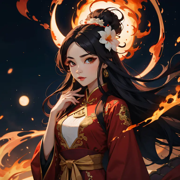 1girl, liuyun, fire ball, long hair, floating hair, hair flower, eastern dragon, red and white, upper body, looking at viewer,