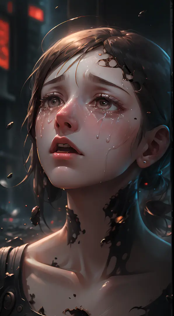 High Quality, High Quality, High Definition, 8K, Detailed Face, Detailed Body, Android, Machine Man, Vomiting Machine Oil, Missing Body, Beautiful Girl, Minimal Clothing, Breakdown, Ruined City, Man Is Perishing, Crying, Crying, Nearing Death, Fear, Tears,...