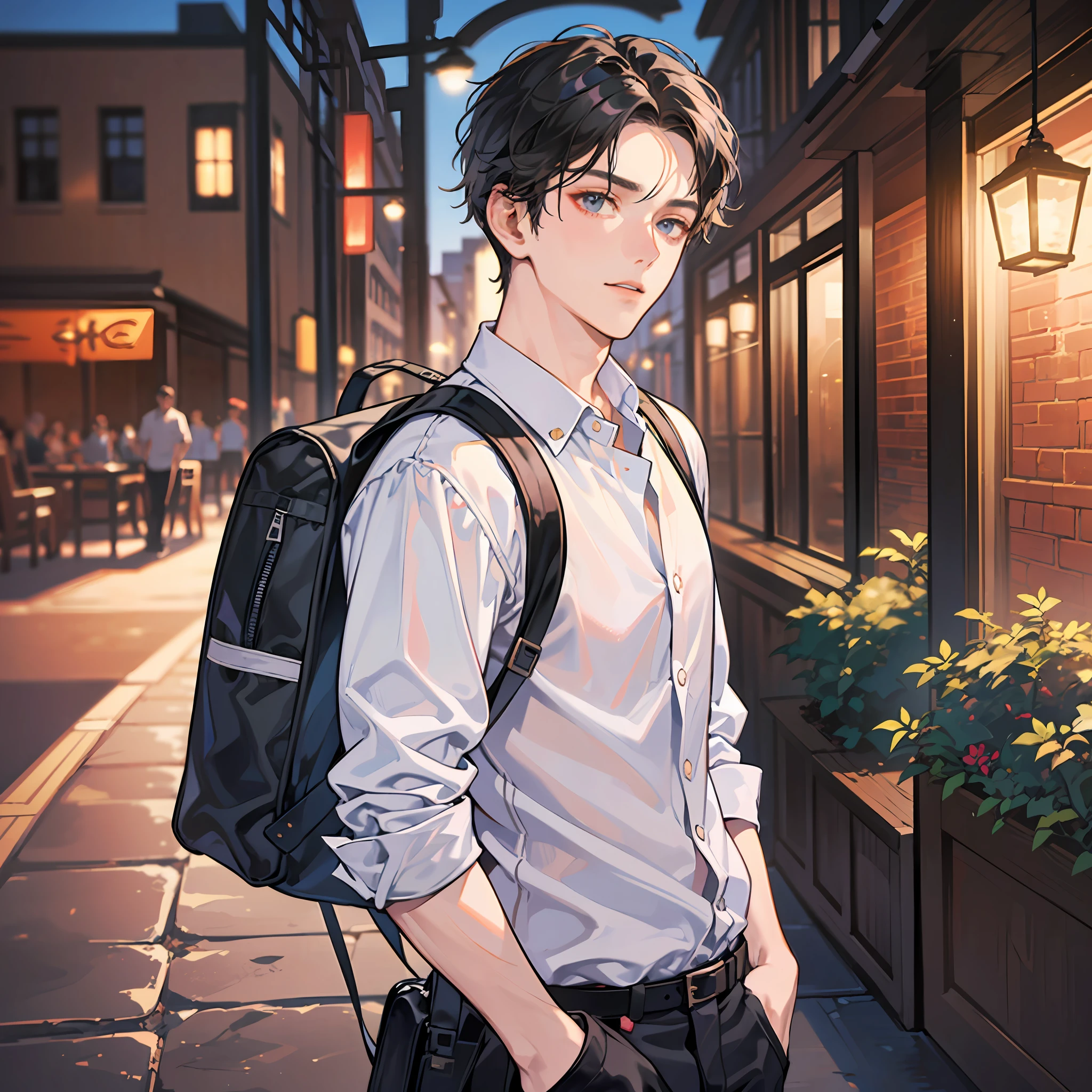(Handsome man: 1.4), wearing a white shirt, short black hair, delicate face, fair skin, backpack (at the entrance of the barbecue restaurant at night: 1.4), 8K HD, deserted no one, master masterpiece - high-quality images, exquisite