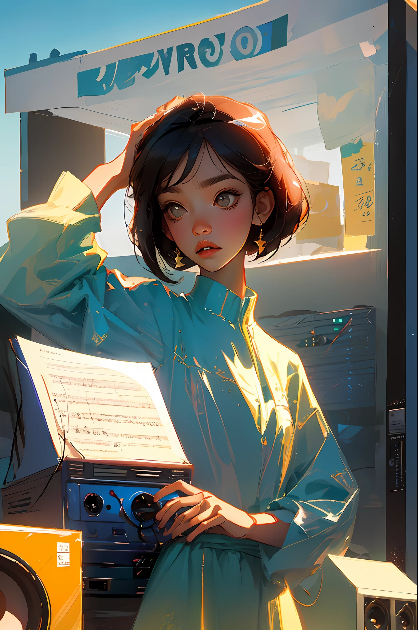 Anime girl with a radio and a music stand - SeaArt AI