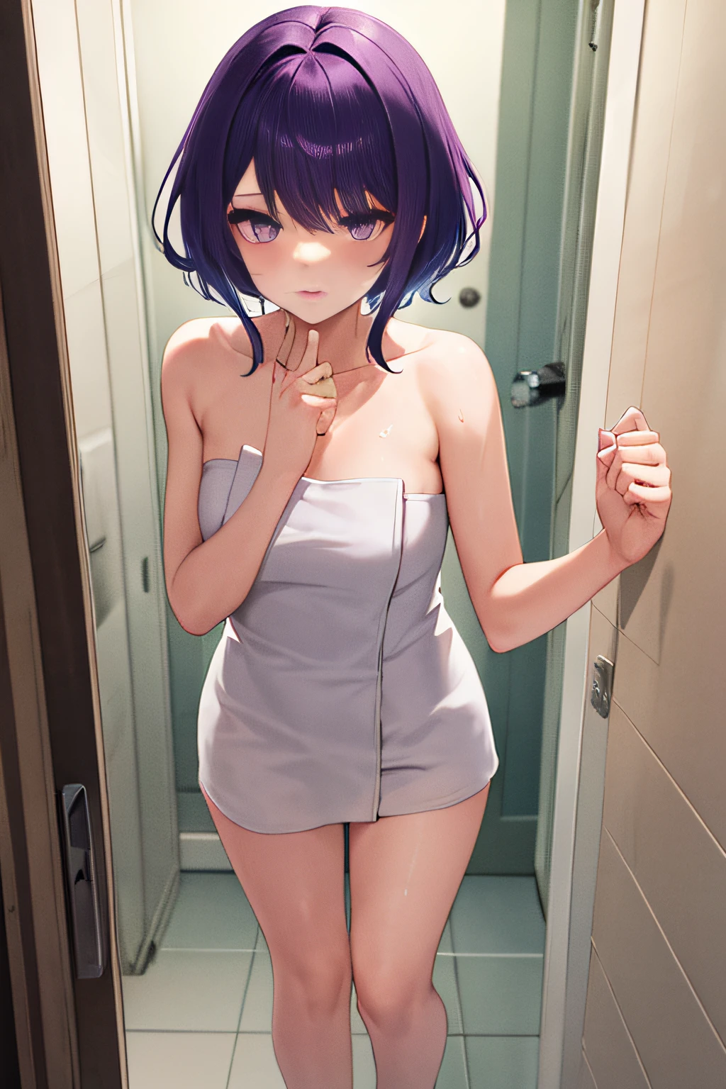 Short purple hair, magical girl, bath towel, full body soaked in bathroom (body focus: 1.25), purple eyes, exuding magic, gloomy, light reflection