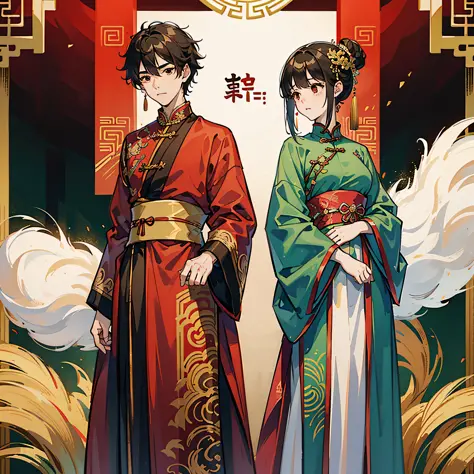 there are two people dressed in traditional chinese clothing standing together, wearing ancient chinese clothes, traditional chinese clothing, traditional chinese, hanfu, with acient chinese clothes, palace ， a girl in hanfu, chinese costume, wearing gilde...
