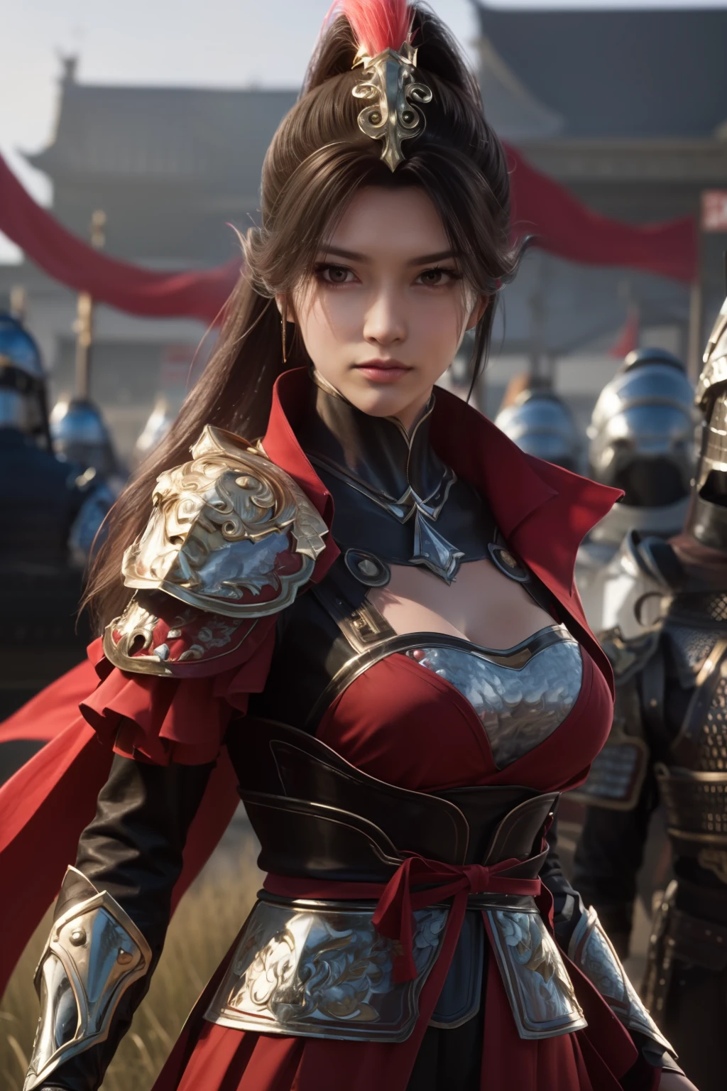 standing in front of a group of people in armor standing in a field with flags in the background,a line of red flags and a building,
red outfit,shoulder_armor,armor,armored dress, armored boots,red_cape,high_collar,a helmet on her head,
holding_weapon,spear,realistic, thighhighs,,
bangs,black_hair,brown_eyes,long_hair,turtleneck,
1 girl, 20yo,mature female,Beautiful Finger,Beautiful long legs,Beautiful body,Beautiful Nose,Beautiful character design, perfect eyes, perfect face,
looking at viewer, 
NSFW,official art,extremely detailed CG unity 8k wallpaper, perfect lighting,Colorful, Bright_Front_face_Lighting,
(masterpiece:1.0),(best_quality:1.0), ultra high res,4K,ultra-detailed,
photography, 8K, HDR, highres, absurdres:1.2, Kodak portra 400, film grain, blurry background, bokeh:1.2, lens flare, (vibrant_color:1.2)
(Beautiful,large_Breasts:1.4), (beautiful_face:1.5),(narrow_waist),