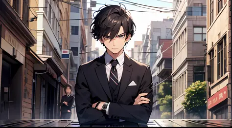 Masterpiece, of the best quality, man, in a suit, short hair, serious expression, sharp eyes, street side