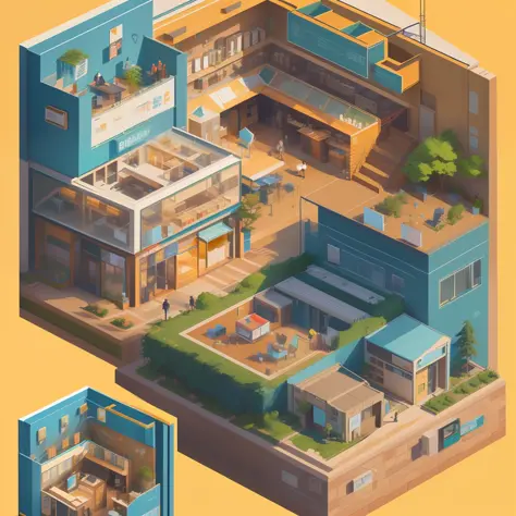 Bank scene illustration, illustration of a busy work scene, people walking around and working, café scene and reading area scene, isometric illustration fun, poster illustration, isometric illustration, isometric Tokyo city, isometric art, illustration pos...