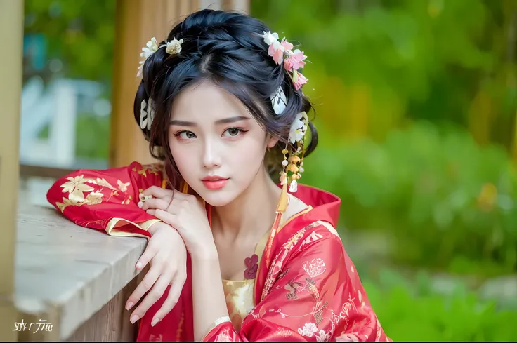 araffe woman in a red dress leaning on a wall, palace ， a girl in hanfu ...