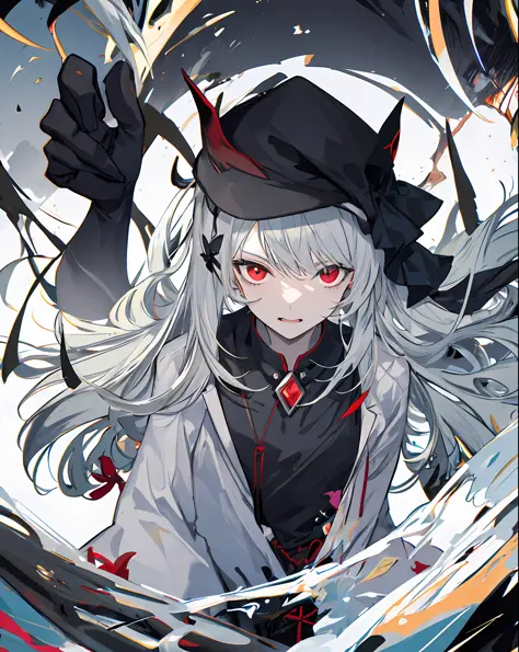 1girl, solo, masterpiece, best quality, gray hair, gray hair, gray hair, red eyes, blackening, darkness, sickle, shadow, villain...