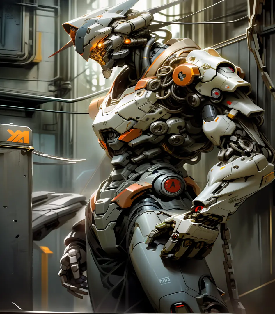 there is a robot that is standing in a building, inspired by Marek Okon, 4k highly detailed digital art, painterly humanoid mech...