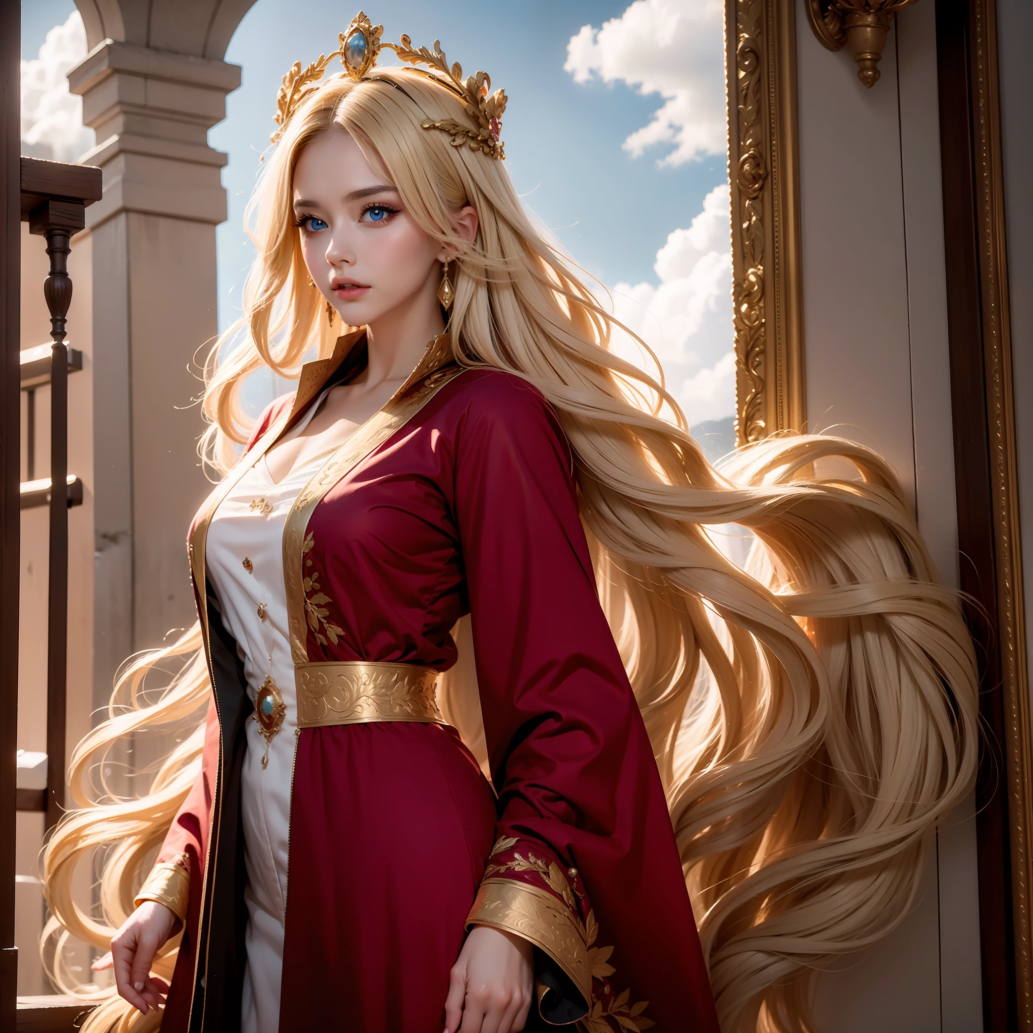 Antique, idyllic, dignified, elegant, noble, beautiful, generous, blonde, blue eyes, long curly hair, phoenix crown, long eyelashes, big eyes, big red robe, surrealism, slender and tender little hands, red nails, shadows, relief, three-dimensional drawing, standing painting, pov, atmospheric perspective, 8k, super detail, precise, the best quality