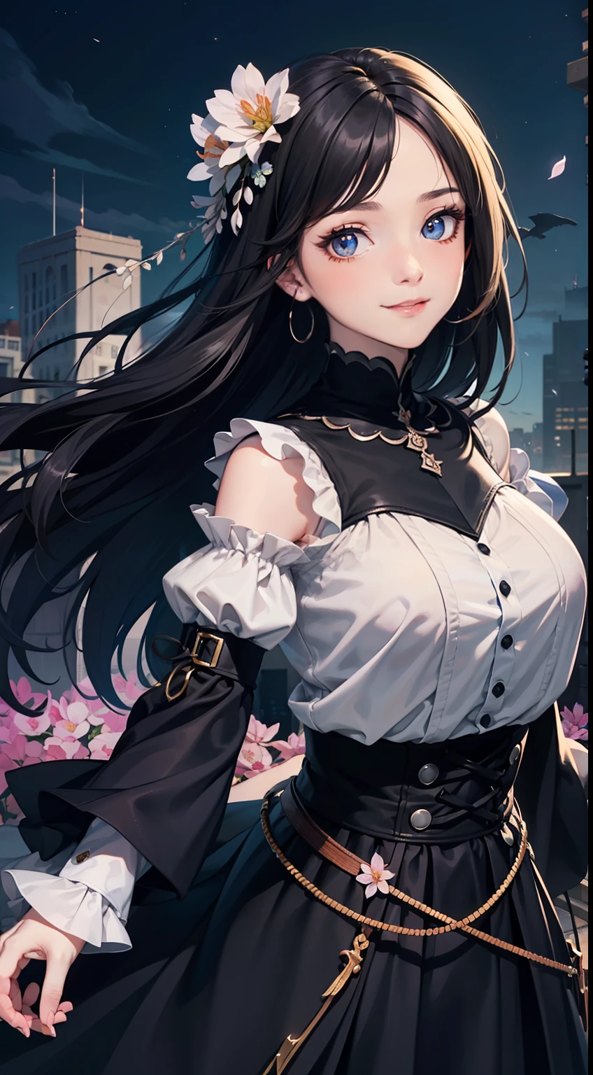 masterpiece, best quality, 1girl, (colorful),(finely detailed beautiful eyes and detailed face),cinematic lighting,bust shot,extremely detailed CG unity 8k wallpaper,black hair,long hair,black eyes,solo,smile,intricate skirt,((flying petal)),(Flowery meadow) sky, cloudy_sky, building, moonlight, moon, night, (dark theme:1.3), light, fantasy,looking at viewer,