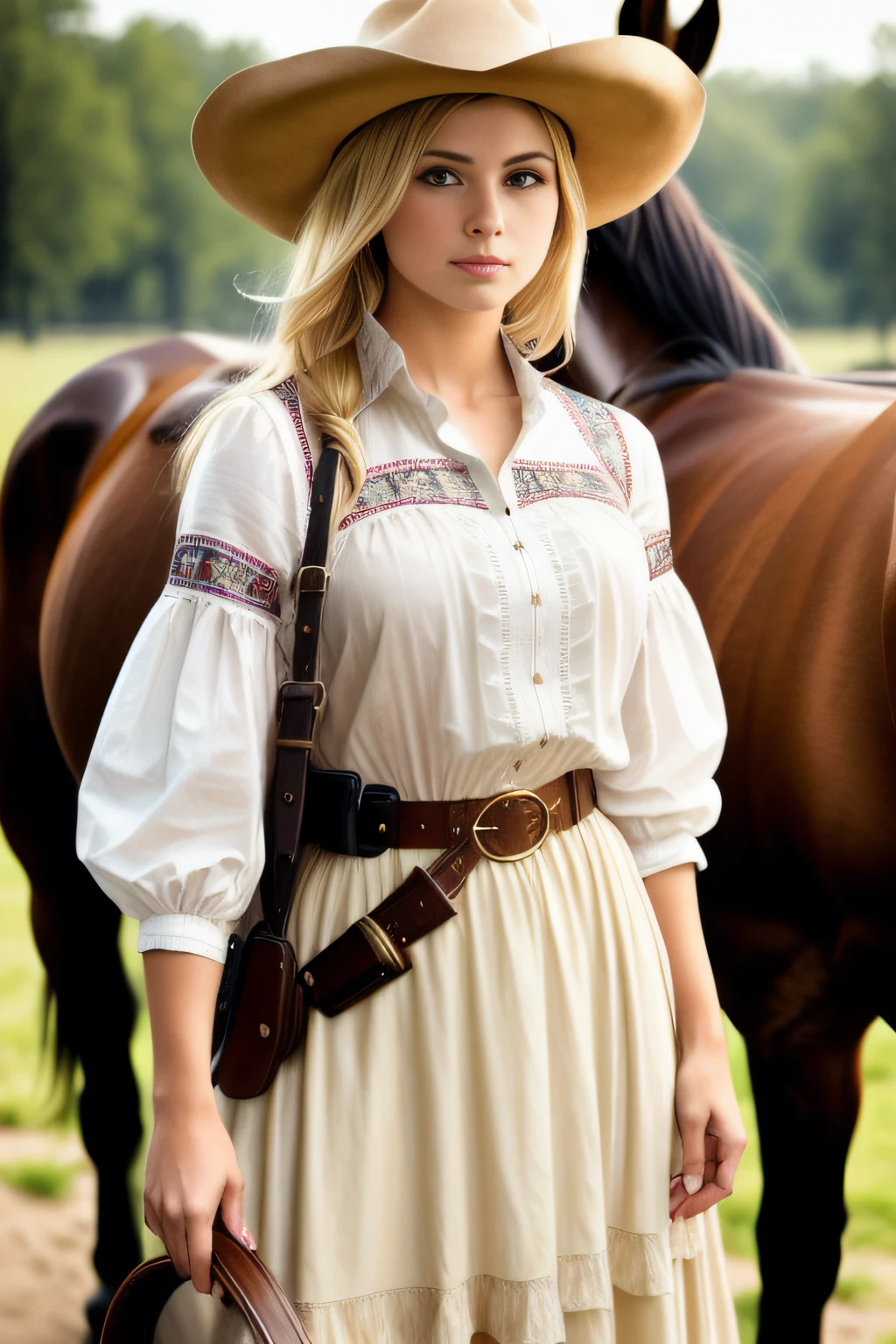 style de séance photo, (Fond d&#39;écran 8k extrêmement détaillé), beau portrait d&#39;une belle adolescente mignonne en vêtements occidentaux, pistolet dans un étui, debout à côté du cheval, cheveux blonds mi-longs, chamois, corps, musclé, complexe, élégant, 8k, très détaillé, lisse, netteté, par artgerm greg rutkowski alphonse mucha loish wlop