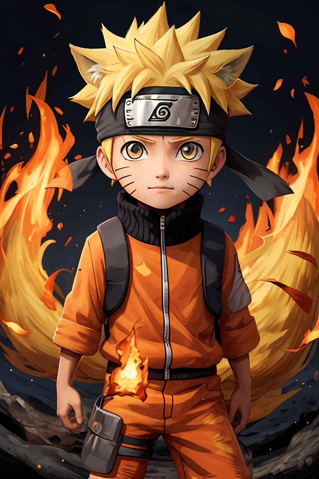 Naruto,1 chico, negro_fondo, fuego, 9 colas de zorro,
