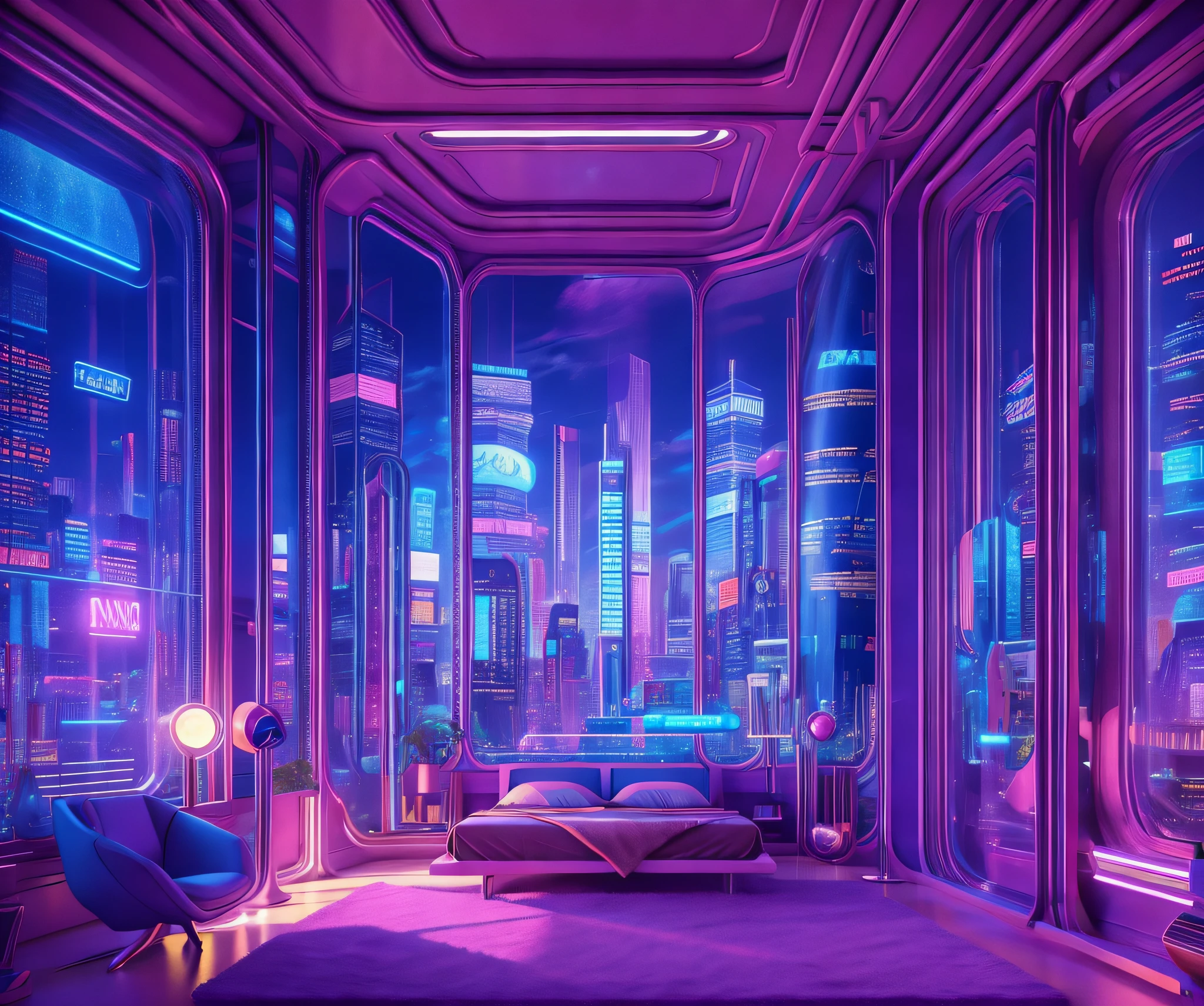 ((masterpiece)), (ultra-detailed), (intricate details), (high resolution CGI artwork 8k), Create an image of a retro futuristic cyberpunk bedroom. One of the walls should feature a big window with a busy, colorful, and detailed cyberpunk cityscape. Futuristic style with lots of colors and LED lights. The cityscape should be extremely detailed with depth of field. Utilize atmospheric lighting to create depth and evoke the feel of a busy futuristic city outside the window. Pay close attention to face details like intricate, hires eyes and bedroom accents. Camera: wide shot showing the room and the window. The window should be the focal point of the image. Lighting: use atmospheric and volumetric lighting to enhance the cityscape details. The room should be illuminated by the neon lights from the cityscape.