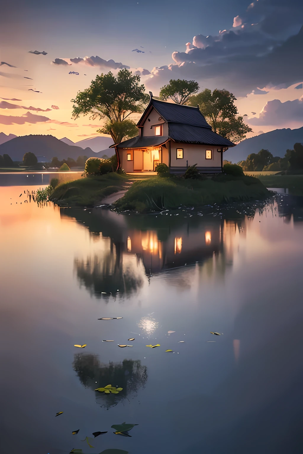 there is a small house on a small island in the middle of a lake, beautifully lit landscape, peaceful landscape, serene landscape, beautiful serene landscape, amazing landscape, in a serene landscape, an amazing landscape image, dreamy landscape, beautiful lake, beautiful landscape, stunning landscape, setting in nature, beautiful lake background, perfect landscape, stunning light reflections, beautiful dreamy landscape