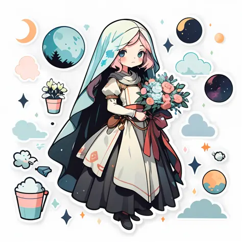 1 sticker, handbook, (sticker, 1 girl, medieval heavy dress, moon. veil, bouquet, element split), watercolor, white background, ...