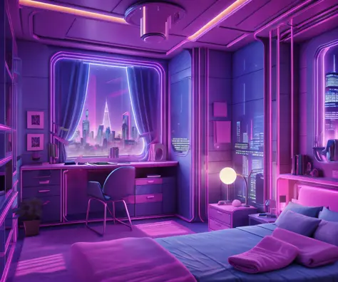 ((masterpiece)), (ultra-detailed), (intricate details), (high resolution CGI artwork 8k), Create an image of a woman's bedroom with atmospheric lighting. One of the walls should feature a big window with a busy, colorful, and detailed cyberpunk cityscape. ...