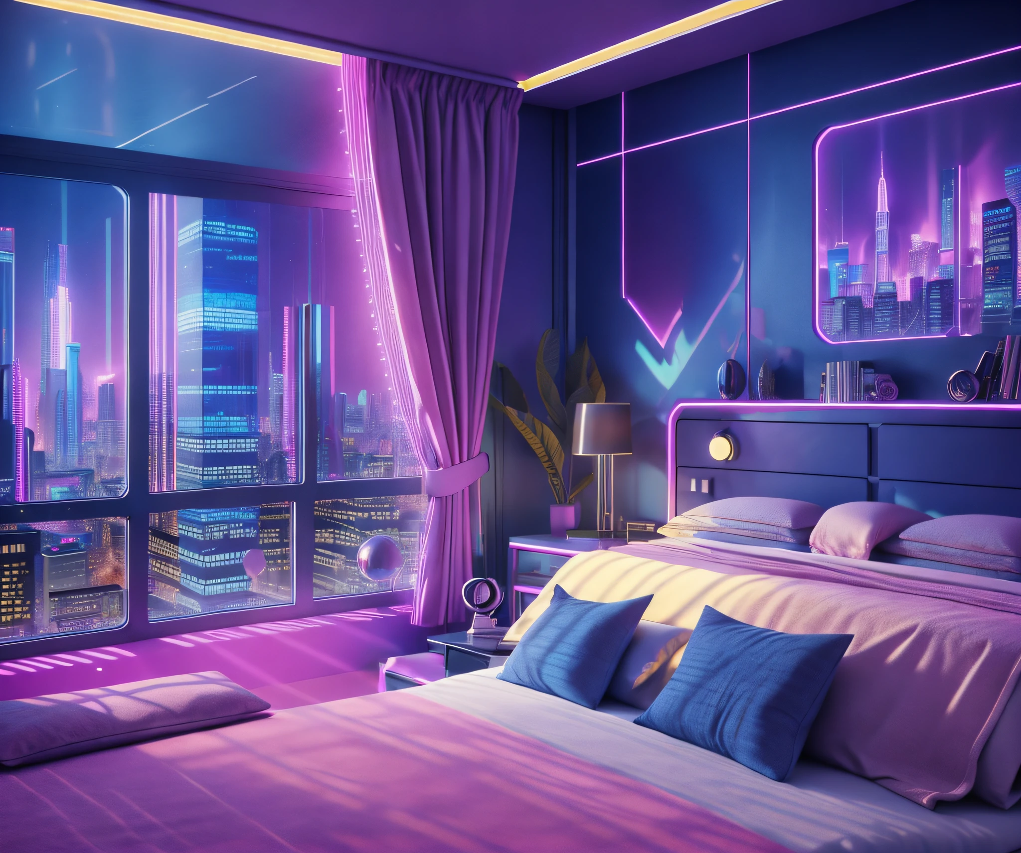 ((masterpiece)), (ultra-detailed), (intricate details), (high resolution CGI artwork 8k), Create an image of a woman's bedroom with atmospheric lighting. One of the walls should feature a big window with a busy, colorful, and detailed cyberpunk cityscape. Futuristic style with lots of colors and LED lights. The cityscape should be extremely detailed with depth of field. Utilize atmospheric lighting to create depth and evoke the feel of a busy futuristic city outside the window. Pay close attention to face details like intricate, hires eyes and bedroom accents. Camera: wide shot showing the room and the window. Lighting: use atmospheric and volumetric lighting to enhance the cityscape details. The room should be illuminated by the neon lights from the cityscape.