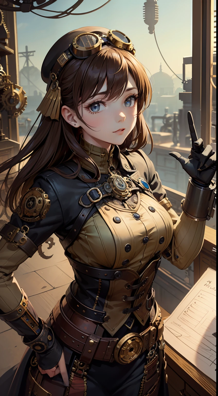 ((masterpiece)), (1girl), (steampunk theme:1.5), (mechanical elements:1.3), (goggles:1.2), (inventor:1.1), (engaged expression), (active pose), ((richly detailed workshop background)), (assorted gears:1.2), (steam-powered machinery), (blueprints),(flickering gaslights:1.1), (clockwork creations),(innovative:1.3),(brass and copper tones)

In a world of steampunk and innovation, a talented female inventor stands within her bustling workshop. She dons goggles, which rest on her forehead, highlighting her inquisitive eyes filled with determination. Her outfit is adorned with mechanical elements and brass accents, reflecting her passion for invention. She assumes an active pose, one hand adjusting a complex gear system while the other sketches out new ideas on a piece of parchment.