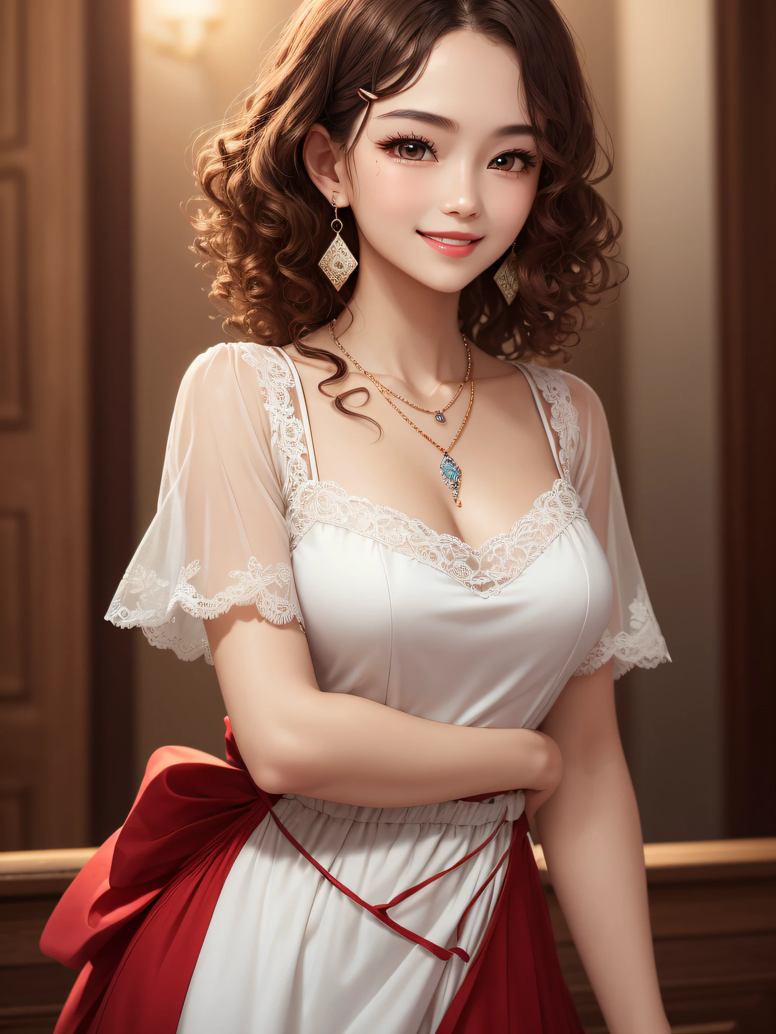 Real people, highest image quality, masterpiece, exquisite CG, highest resolution, ultra-clear picture quality, delicate facial features, peerless beauty, delicate and beautiful facial features, cute girl, red wavy curly hair, bow hairpin, oily red lips, sweet smile, smile, smile without teeth, delicate skin, shiny, moisturized skin, blushing face, pure, close-up, single, necklace, earrings, not exposed, dynamic action, (gorgeous long dress with round neck), skirt full of lace, bust, Rating: Safe