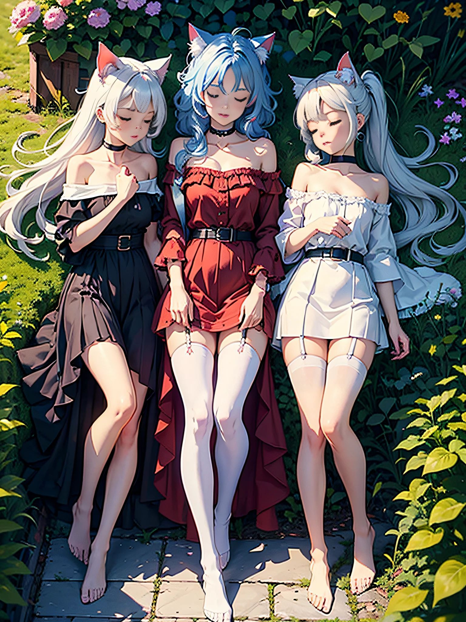 Masterpiece, best quality, very detailed, ((3)) girl, (flat chest), (white) Garter belts_ Belt, strapless dress, exposing collarbone, off shoulder, zettai ryouiki, off shoulder, exposing collarbone, cat ears, leaning together, lying in the garden, eyes closed, one blue hair, one white hair, one red hair, choker, very long hair, ponytail_ Hair, half body photo, no shoes, exposed thighs