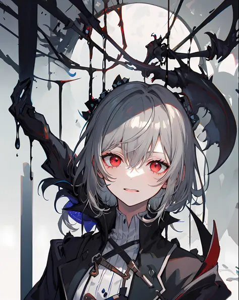 A girl, solo, masterpiece, best quality, gray hair, gray hair, gray hair, red eyes, blackening, darkness, sickle, shadow, villai...