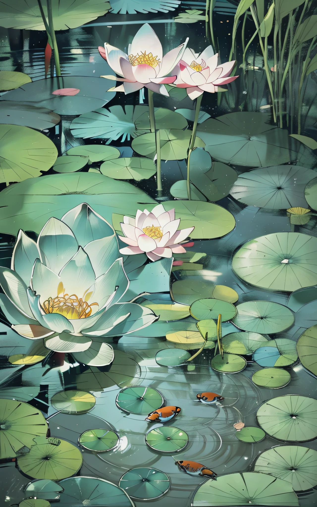 8K HD, best quality, clear picture, very detailed, amazing detail, clear focus, optimized depth of field for more realistic picture, blue theme, bright colors, ((Japanese carp)), mild, pond, (lotus: 0.5), optimized fin