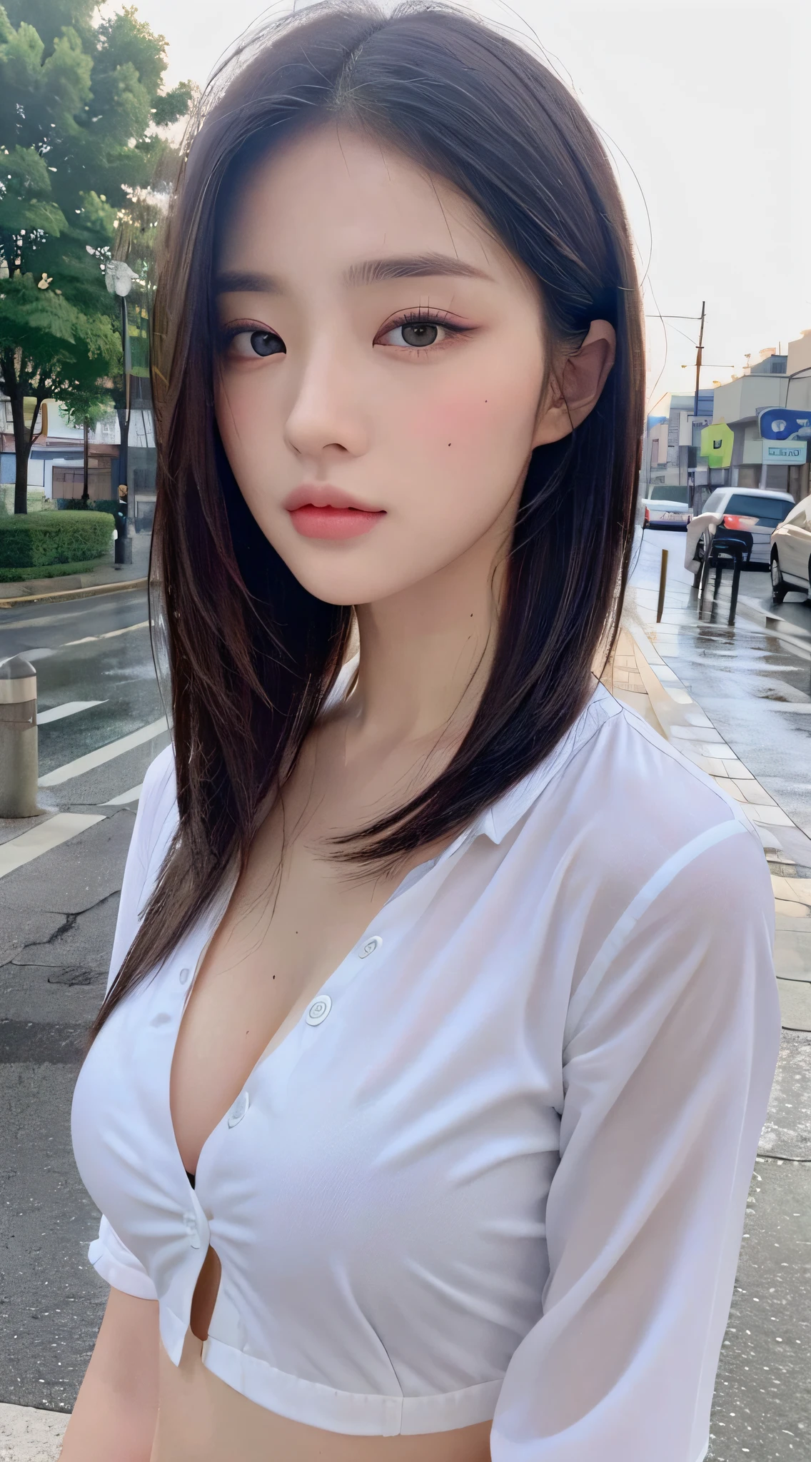 ((Best Quality, 8K, Masterpiece: 1.3)), Sharp: 1.2, Perfect Body Beauty: 1.4, Slim Abs: 1.2, ((Layered Hairstyle, Big Breasts: 1.2)), (Wet White Button Long Shirt: 1.1), (Rain, Street: 1.2), Wet: 1.5, Highly Detailed Face and Skin Texture, Detailed Eyes, Double Eyelids, Looking at the Camera