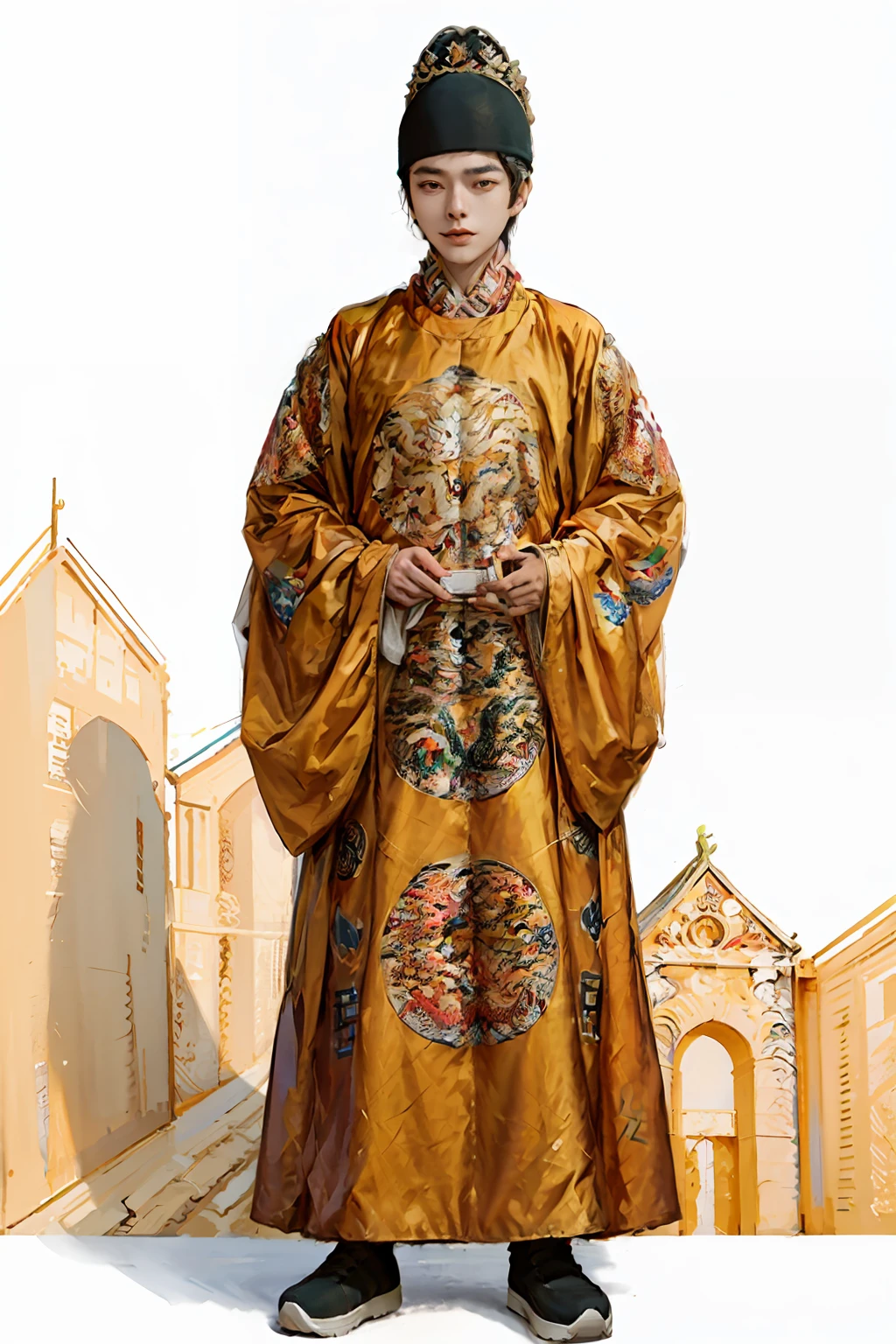 1 man, wearing sneakers , yellow dragon_gown, masterpiece, best quality, realistic, Forbidden City background, realistic costume details, realistic face of the character