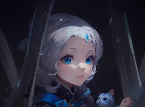 anime character with white hair and blue outfit holding a cat, lalafell, adorable digital painting, painted in anime painter stu...