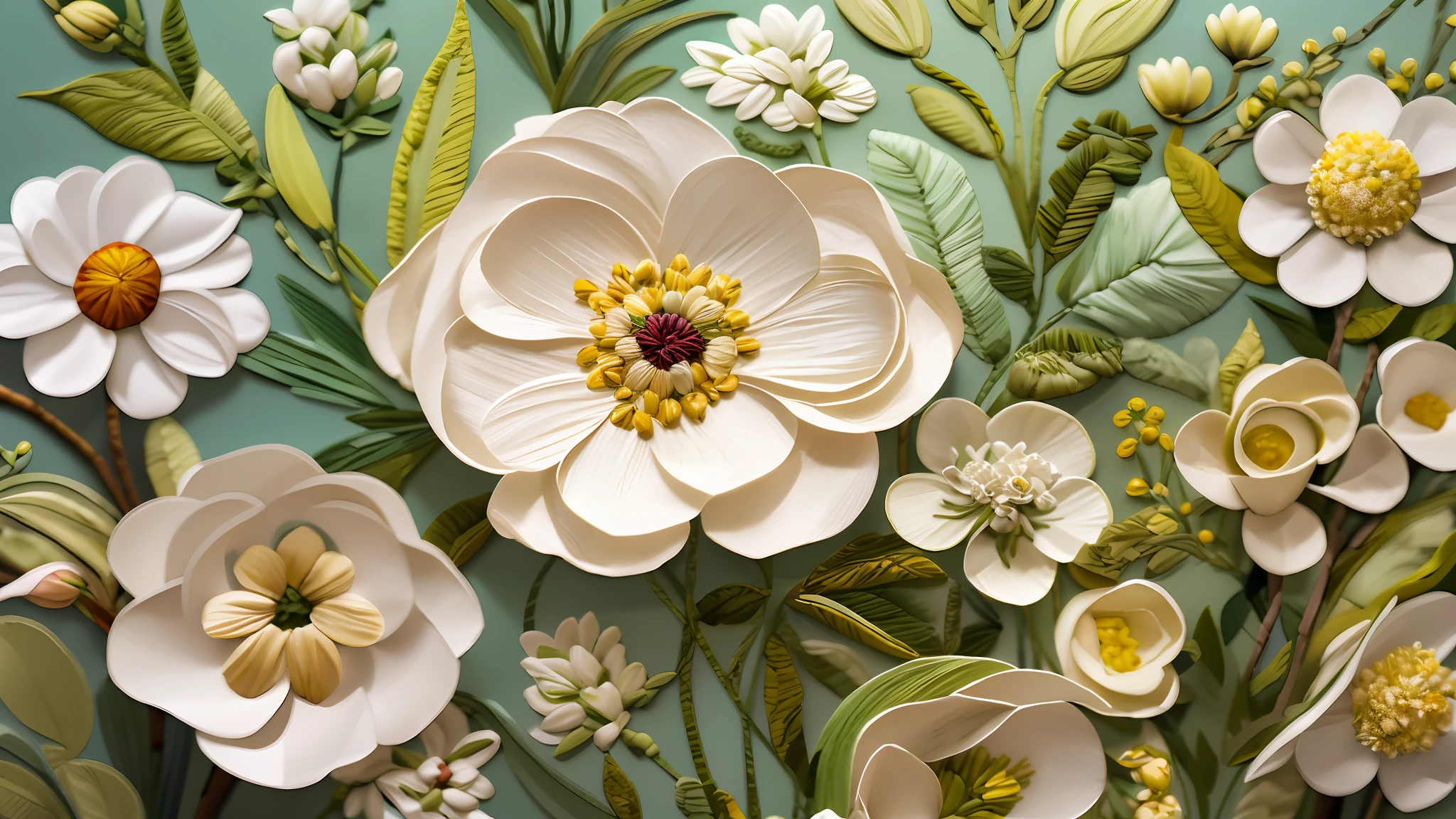 White ดอกไม้ on green background yellow buds, layered ศิลปะกระดาษ, ศิลปะการสร้างแบบจำลองกระดาษ, พรรณนาถึงดอกไม้, ศิลปะกระดาษ, ภาพเขียนสีน้ำมันโล่งอก, paper ดอกไม้, ดอกไม้, ดอกไม้ in bloom and in background, surrounded ดอกไม้, งานศิลปะที่ละเอียดอ่อน, detailed ดอกไม้, รายละเอียดที่ถูกต้องซับซ้อน