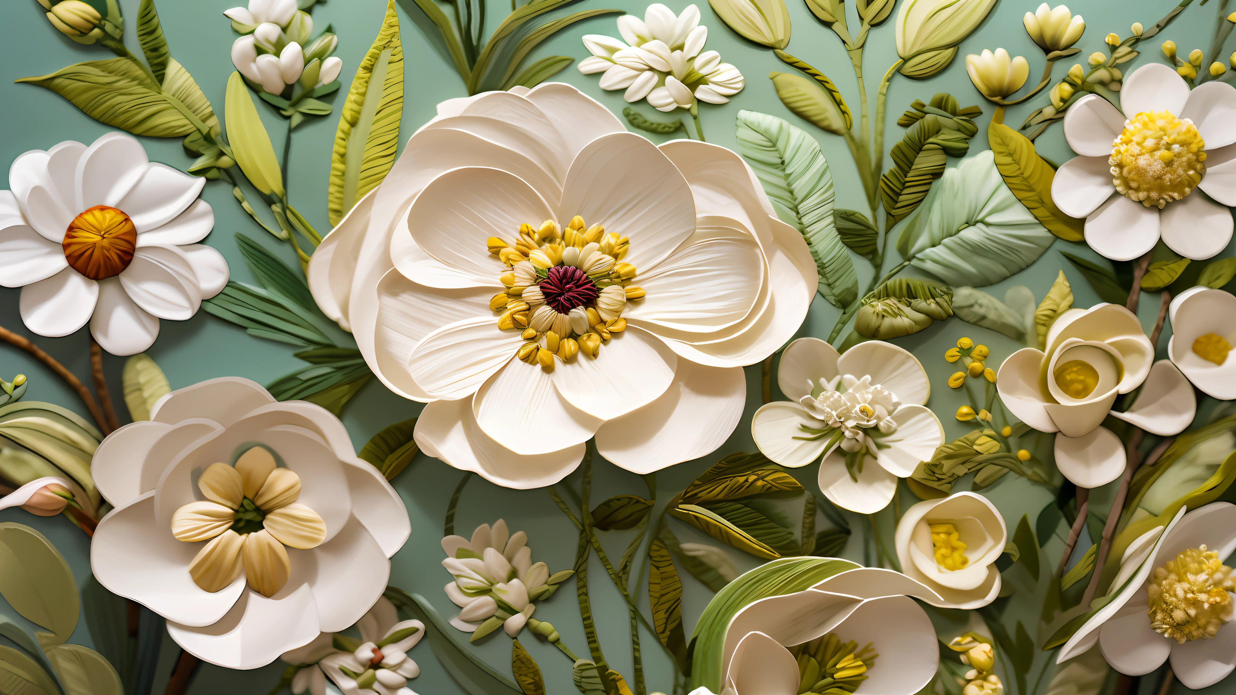 White 花朵 on green background yellow buds, layered 紙藝, 紙造型藝術, 描繪一朵花, 紙藝, 油画浮雕, paper 花朵, 花朵, 花朵 in bloom and in background, surrounded 花朵, 细致入微的美术, detailed 花朵, 複雜準確的細節