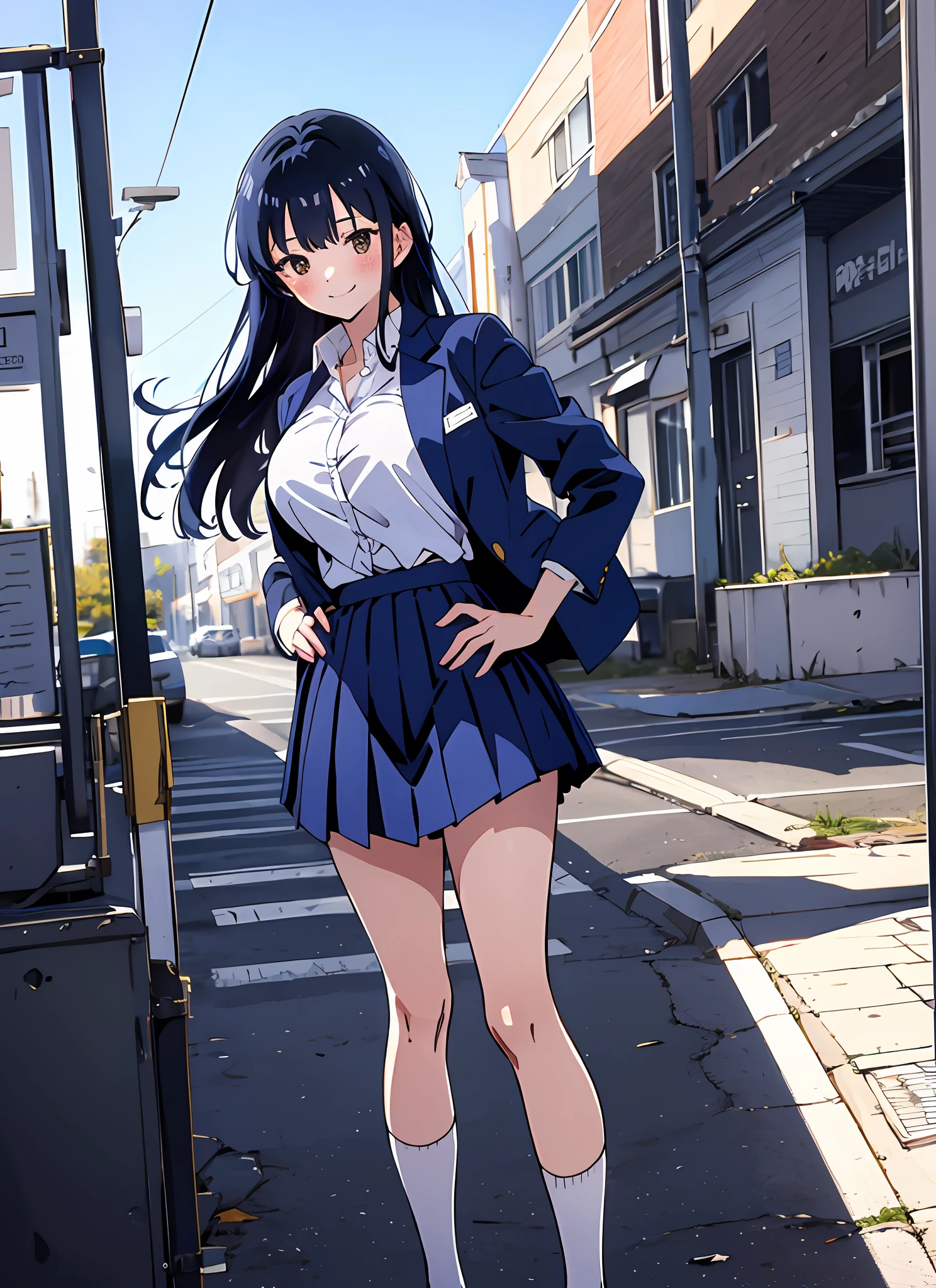 masterpiece, absurdres, ultra-detailed,  Yamada Anna, brown eyes, long hair, long sleeves, shirt, blue jacket, open clothes, large breasts, , looking at viewer, 1girl, blue skirt, skirt, black hair, pleated skirt, blazer, blush, white shirt, collared shirt, solo, trending on artstation, full body, outdoors, wind, trending on pixiv, hand on hips, smile, blush, anime screencap, miniskirt, nsfw, breasts, ,