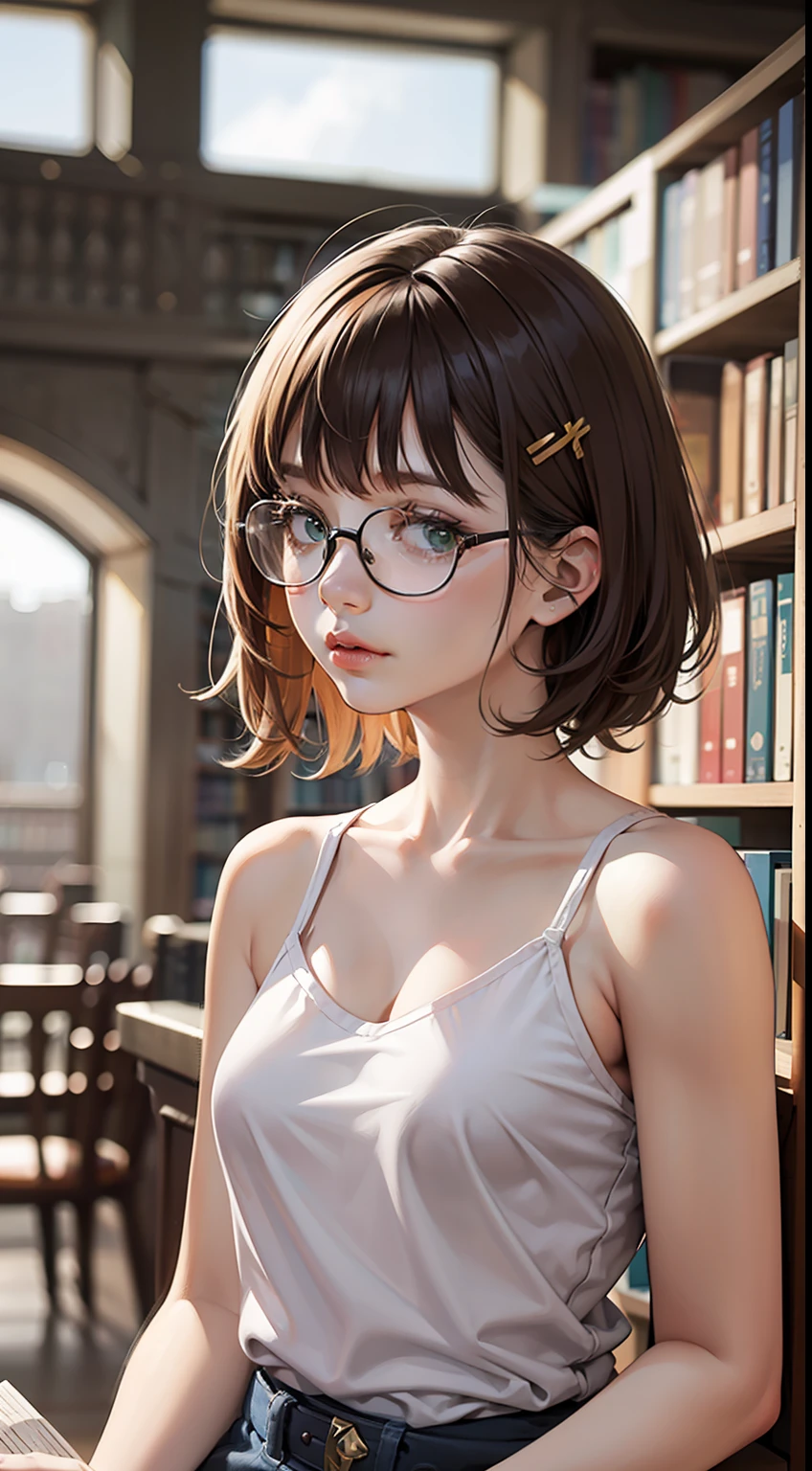 (original), (masterpiece) , (best quality) , (reality:1.3) , photorealistic, Octane rendering, (surreal:1.2) , perfect features,1 girl, colorful,translucent hair, (glowing inner hair),the perfect appearance,brown hair,green eyes,expressionless,sit,book on hand,glasses,short hair,(In the library),looking at viewer,White T-shirt,hairpin,Focus on people,barefoot,bare Shoulder