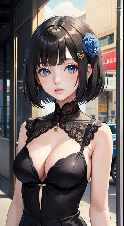 (masterpiece best quality:1.4),Yui,anime,1girl, breasts, solo, short hair, window, cleavage, navel, blue eyes, hair ornament, flower, dress, hair flower, looking at viewer,feathers, jewelry, large breasts, bangs, black hair, bob cut, upper body, black dres...