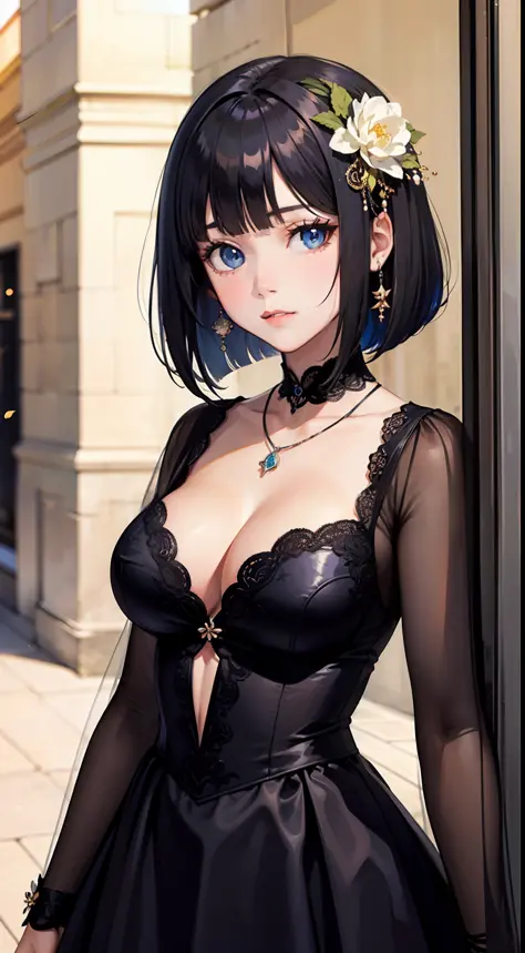 (masterpiece best quality:1.4),Yui,anime,1girl, breasts, solo, short hair, window, cleavage, navel, blue eyes, hair ornament, flower, dress, hair flower, looking at viewer,feathers, jewelry, large breasts, bangs, black hair, bob cut, upper body, black dres...