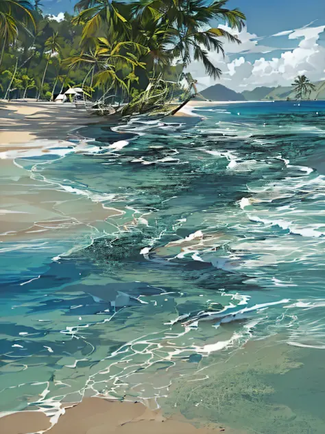 Draw beach with blue sea and palm trees, (beach crawled with baby dragons: 2), highly detailed digital painting, gorgeous digita...