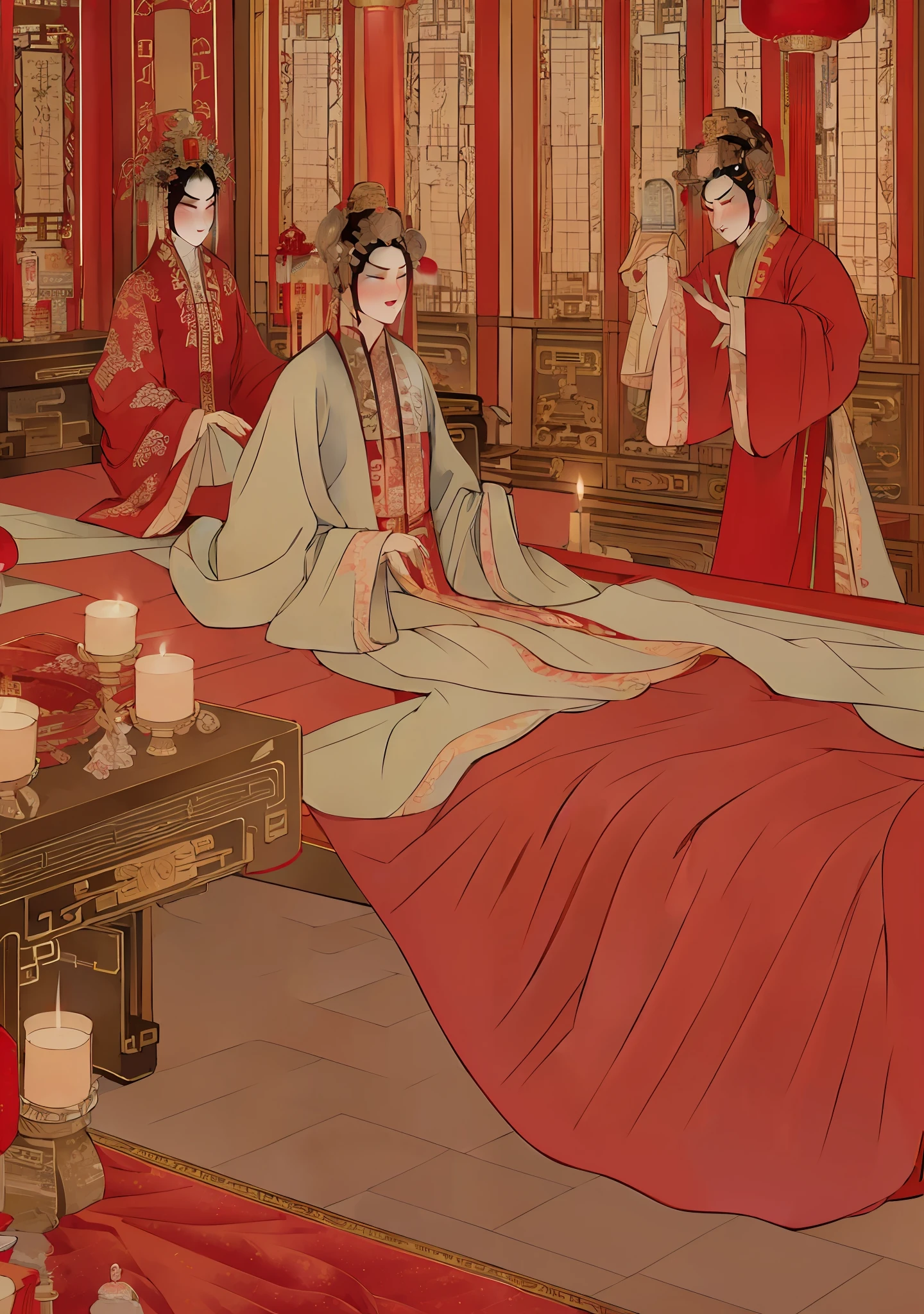 xiaorenshu,(ultra realistic 8k CG:1.2),perfect artwork,delicate pattern,intricate detail, (unparalleled masterpiece,best quality:1.2),(extremely intricate:1.2),a woman in a red and gold dress, Phoenix crown,hair stick,(sitting on red bed),Cosmetic,blush,shy,black_hair, looking down, Cosmetic,(forehead dot),(2 red candles), chinese_clothes, curtains, earrings, hair_ornament, hanfu, indoors, jewelry, red nails, long_sleeves, red dress, red lips, tassel, (Red quilt),(red palace:1.2),(ancient Chinese architecture),(red:1.8),night