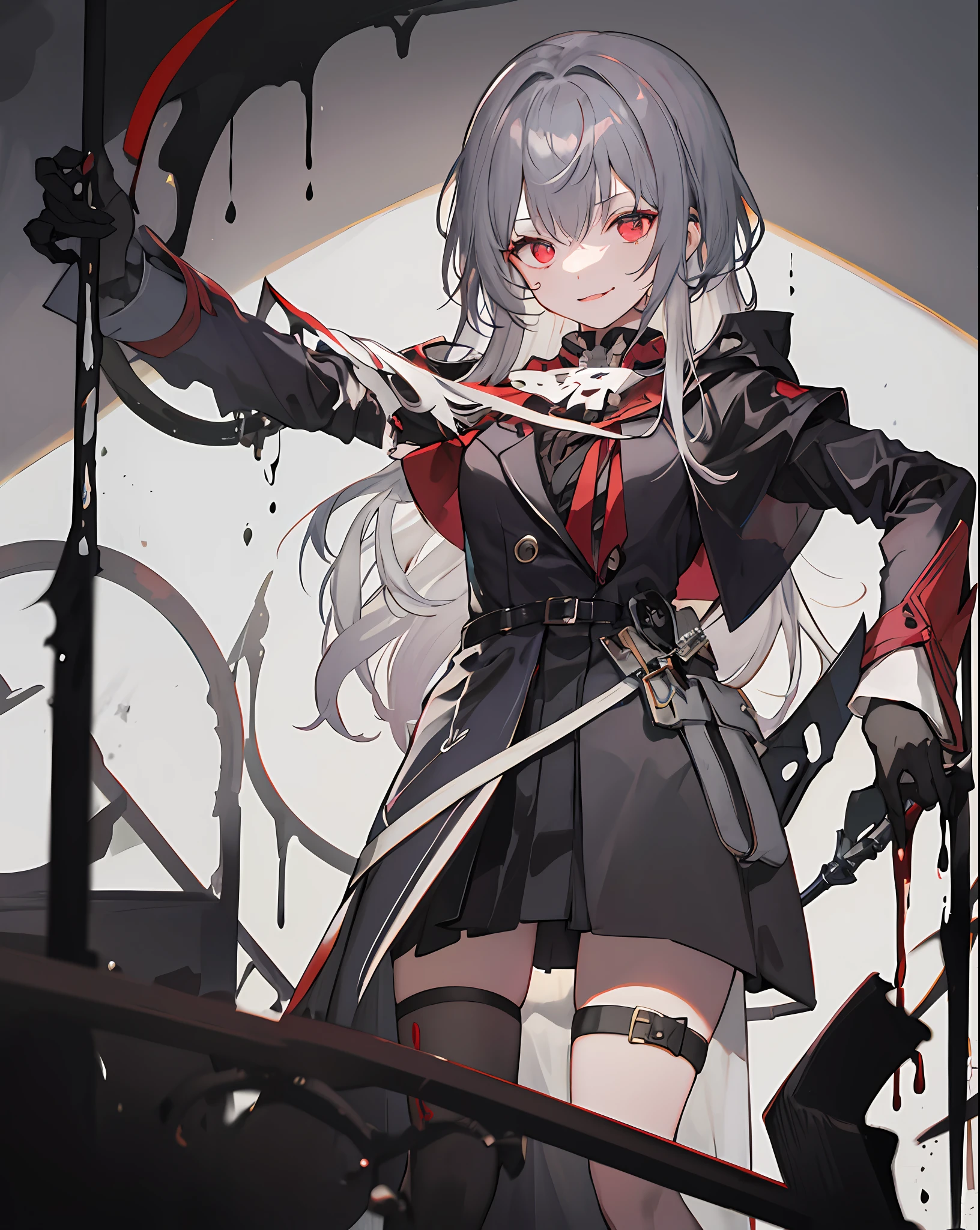 A girl, solo, masterpiece, best quality, gray hair, gray hair, gray hair, red eyes, blackening, darkness, sickle, shadow, villain, sneer, look down, black shadow, sticky black liquid, gloomy