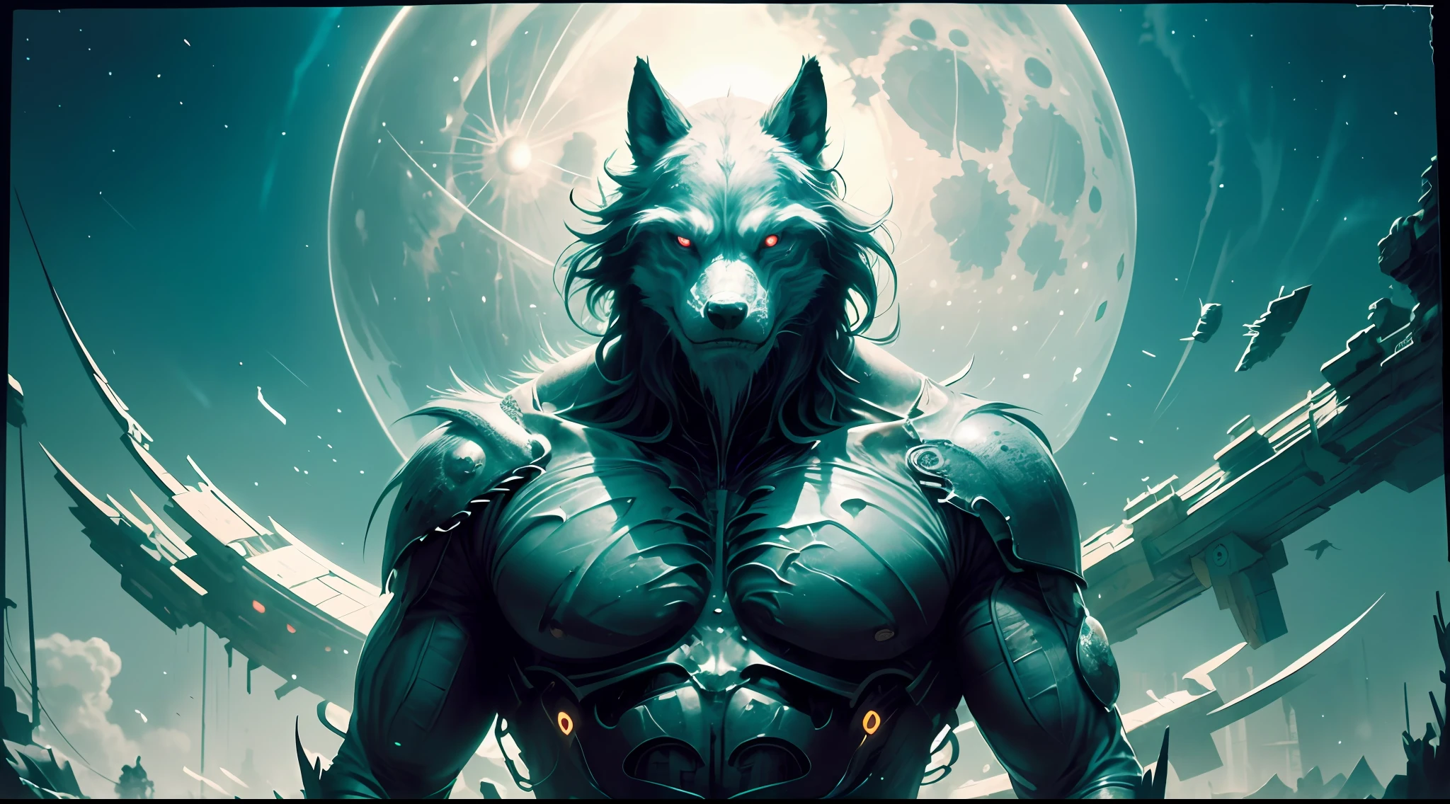 /imagine tip: Illustration of the full moon, a huge full moon, half white, half red. A man standing in the frame, half normal, half werewolf, dark evil style, symmetrical composition, Unreal Engine, cold light, gothic, post-apocalyptic, portrait photography, transformation into a werewolf process