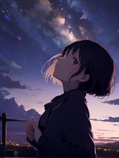 1 girl, stretching out her hands, sky, night, looking up, staring at the viewer,