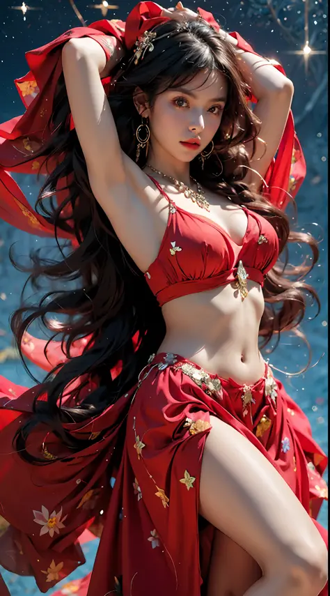 (Very detailed CG Unity 8k wallpaper, masterpiece, best quality, super detailed, beautiful details eyes: 1.2), best lighting, (best shadows, extremely delicate and beautiful, blooming), exotic_dance.1 girls, solo, (brown eyes, big eyes), (red gems), (red b...