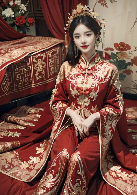 (Ultra-realistic 8k CG: 1.2), perfect artwork, delicate patterns, intricate details, (unparalleled masterpiece, best quality: 1.2), (extremely complex: 1.2), a woman in a red and gold dress, phoenix crown, hair stick, (sitting on a red bed), makeup, blush,...