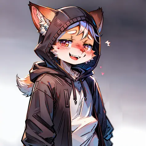 fox, icon, furry, human, solo, halfbody, 1boy, hoodie, simple background, white background, open mouth, smile, blush