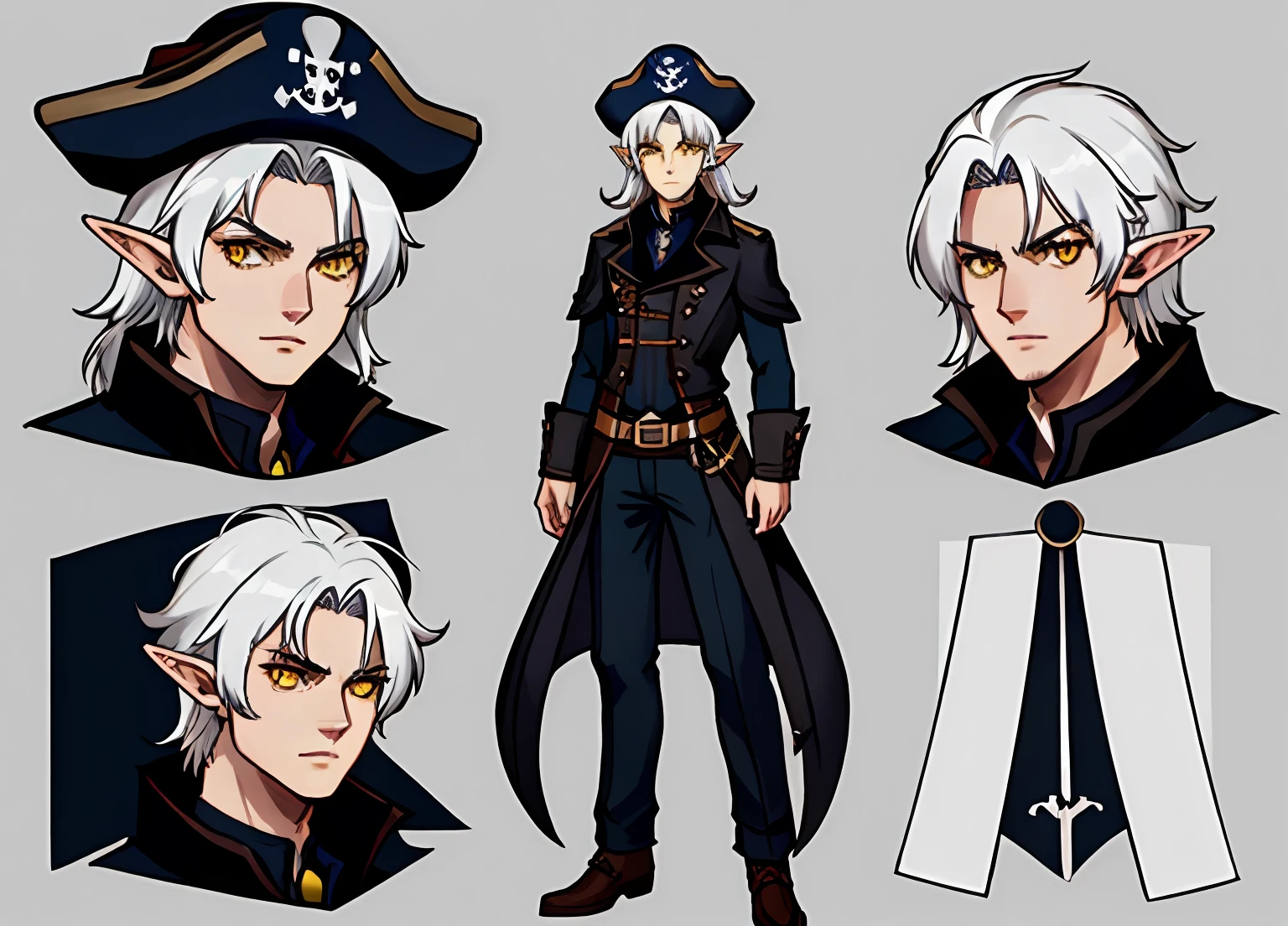 A photographic style character turnaround of a an dark elf pirate captain with hat. White hair, 26 years old, serious appa, highly detailed face. Multiple views of the same character in the same outfit, yellow eyes, holding a revolver, elf ears, dungeons and dragons style (15Charturn_longCap_D: .5), full body, gray skin, high detailed face