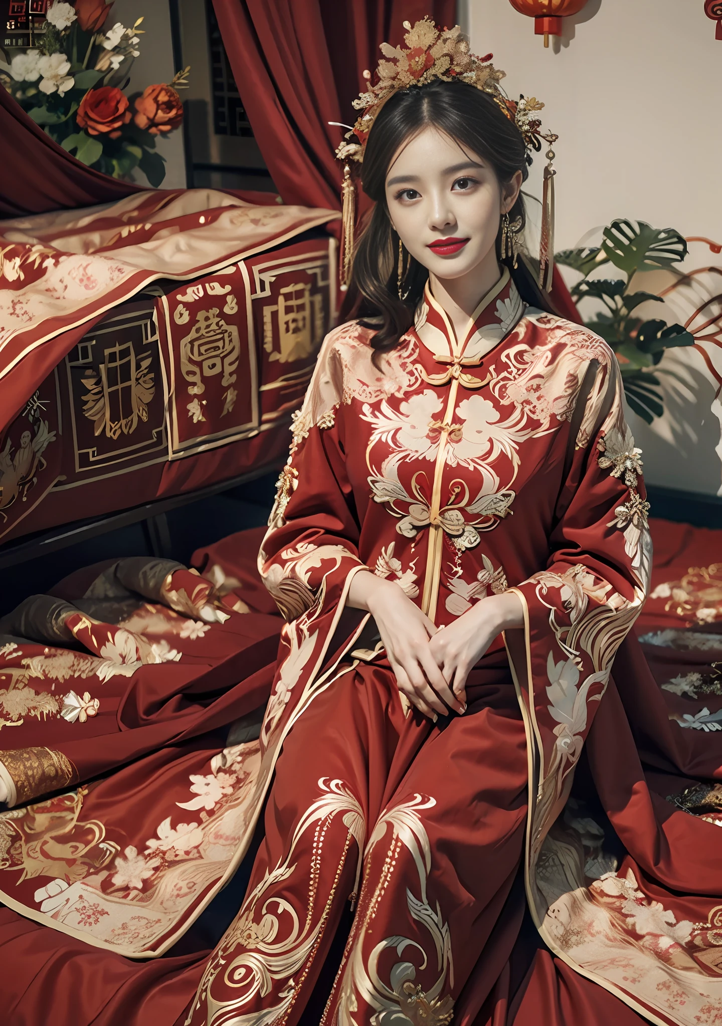 (Ultra-realistic 8k CG: 1.2), perfect artwork, delicate patterns, intricate details, (unparalleled masterpiece, best quality: 1.2), (extremely complex: 1.2), a woman in a red and gold dress, phoenix crown, hair stick, (sitting on a red bed), makeup, blush, shyness, black_hair, looking down, cosmetics, (forehead point), (2 red candles), Chinese_clothes, curtains, earrings, hair_ornament,hanfu, interior, jewelry, red nails, long_sleeves, red dress, red lips, tassels, (red quilt), (red palace: 1.2), (ancient Chinese architecture), (red: 1.8), night
