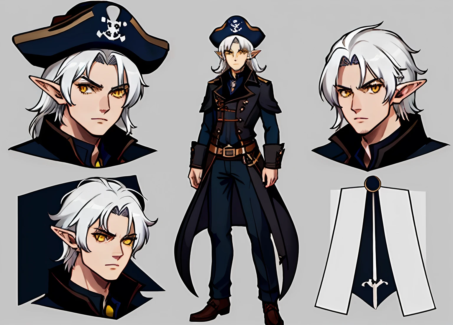 A photographic style character turnaround of a an dark elf pirate captain with hat. White hair, 26 years old, serious appa, highly detailed face. Multiple views of the same character in the same outfit, yellow eyes, holding a revolver, elf ears, dungeons and dragons style (15Charturn_longCap_D: .5), full body, gray skin